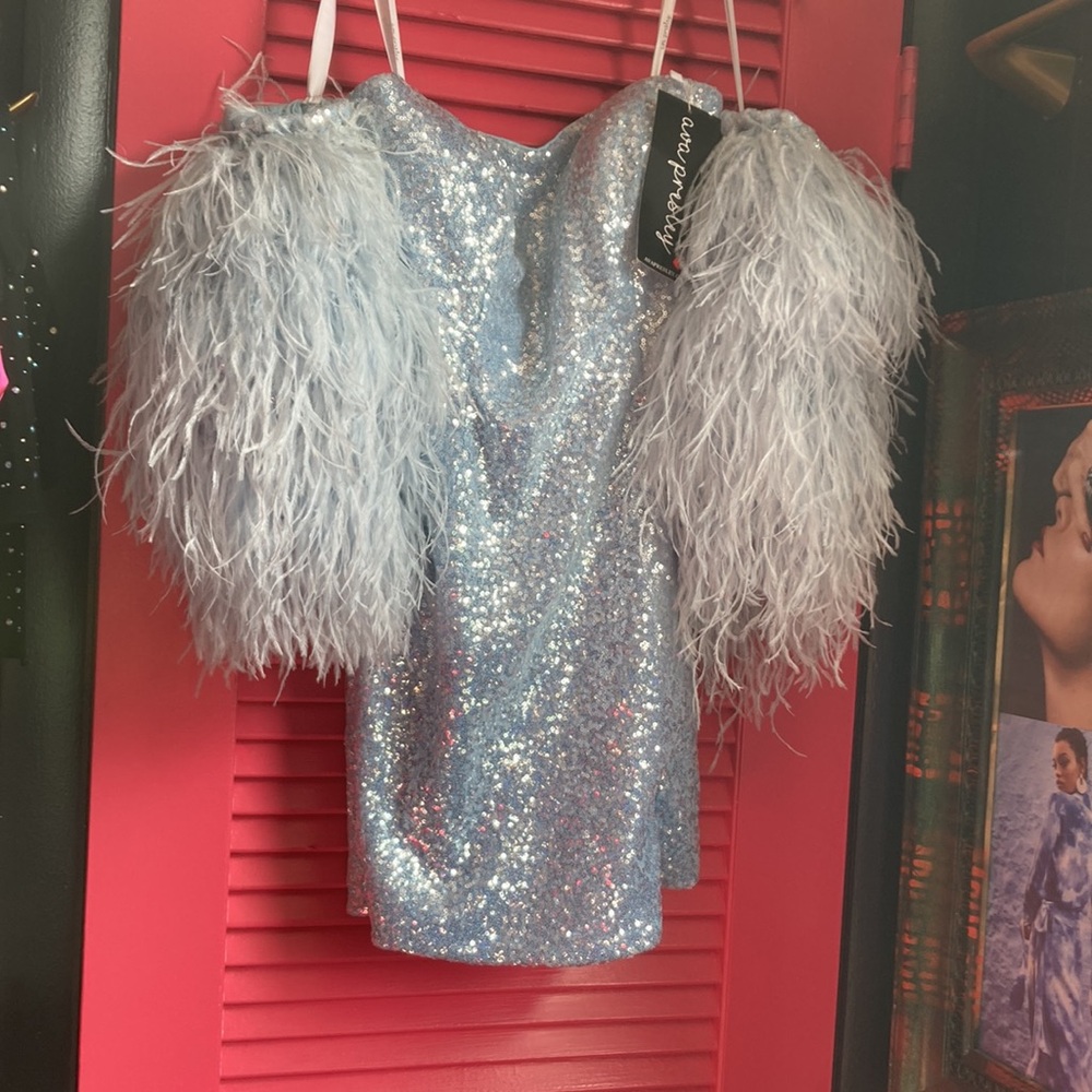 nwt ava presley size 8 couture gown feather sleeves , sequins , optional straps - Picture 7 of 17